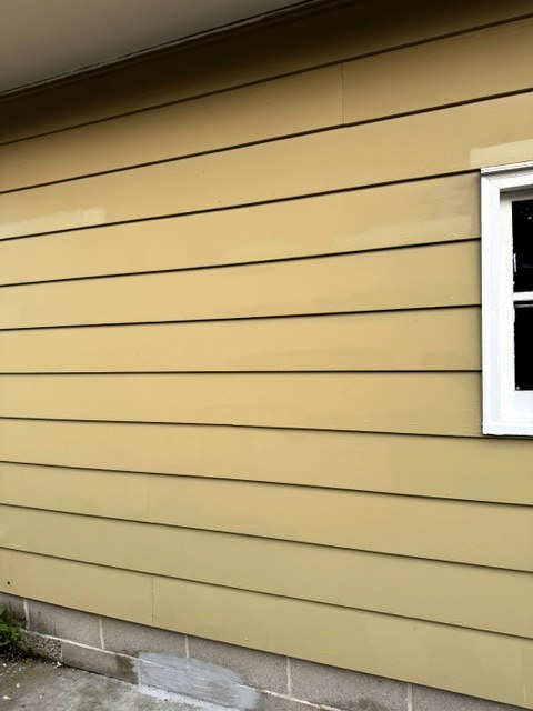 Freshly painted tan lap siding with an even finish next to a white window